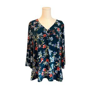 Susan Craver Women's XL Teal Blue Ruched V-Neck Drop Waist Soft Stretch Blouse